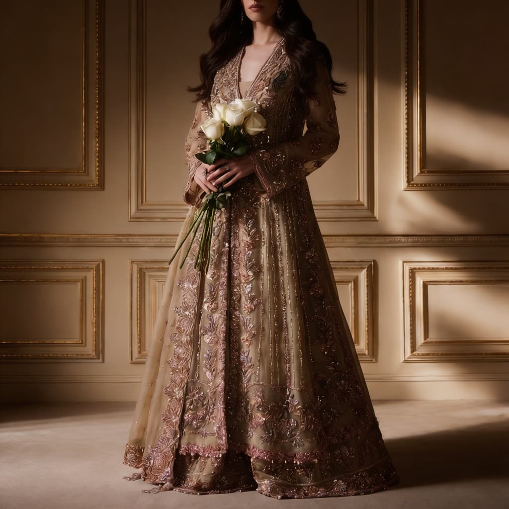 Champagne Rose Gold Embroidered Anarkali