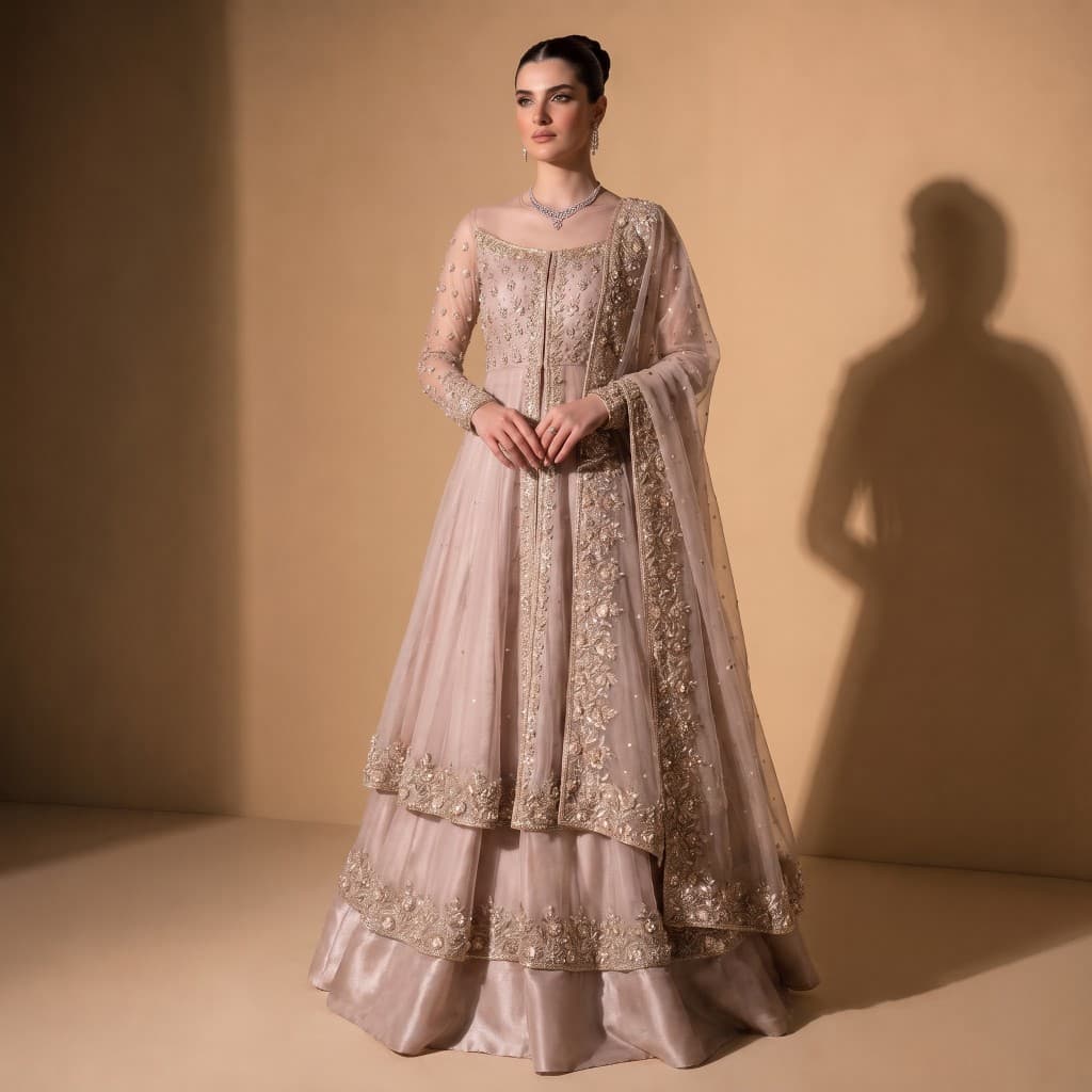 Champagne Taupe Embellished Anarkali Lehenga Set, image 1 of 4