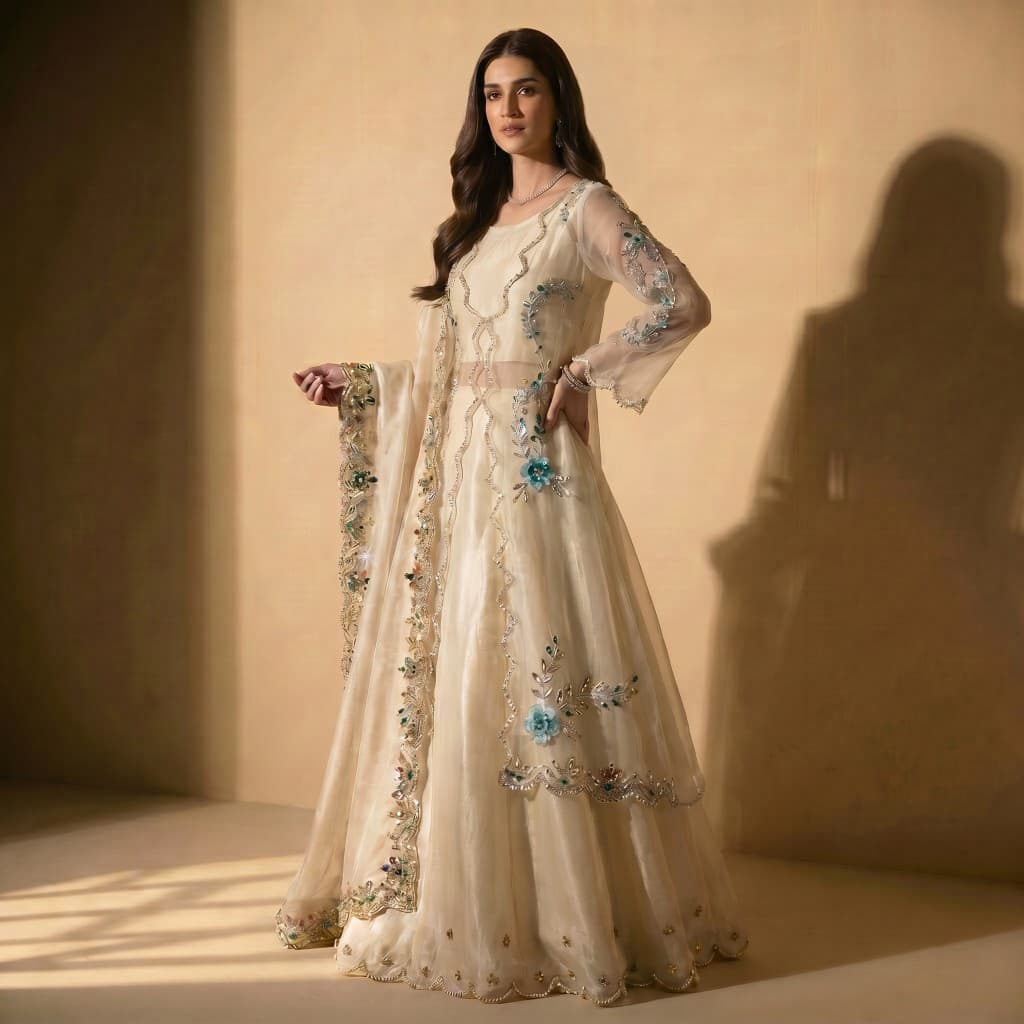 Cream Teal Floral Embroidered Anarkali, image 1 of 3