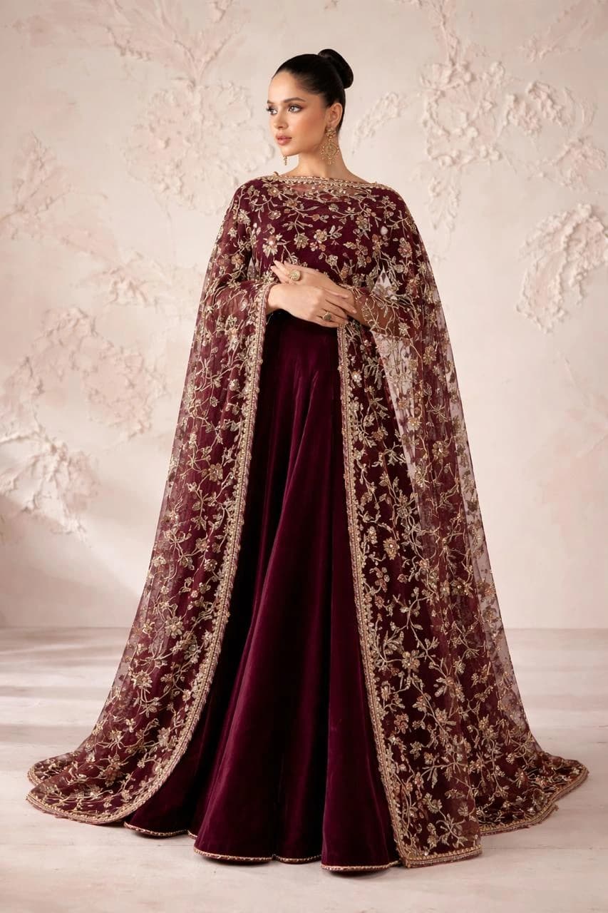 Deep Plum Velvet Cape Lehenga