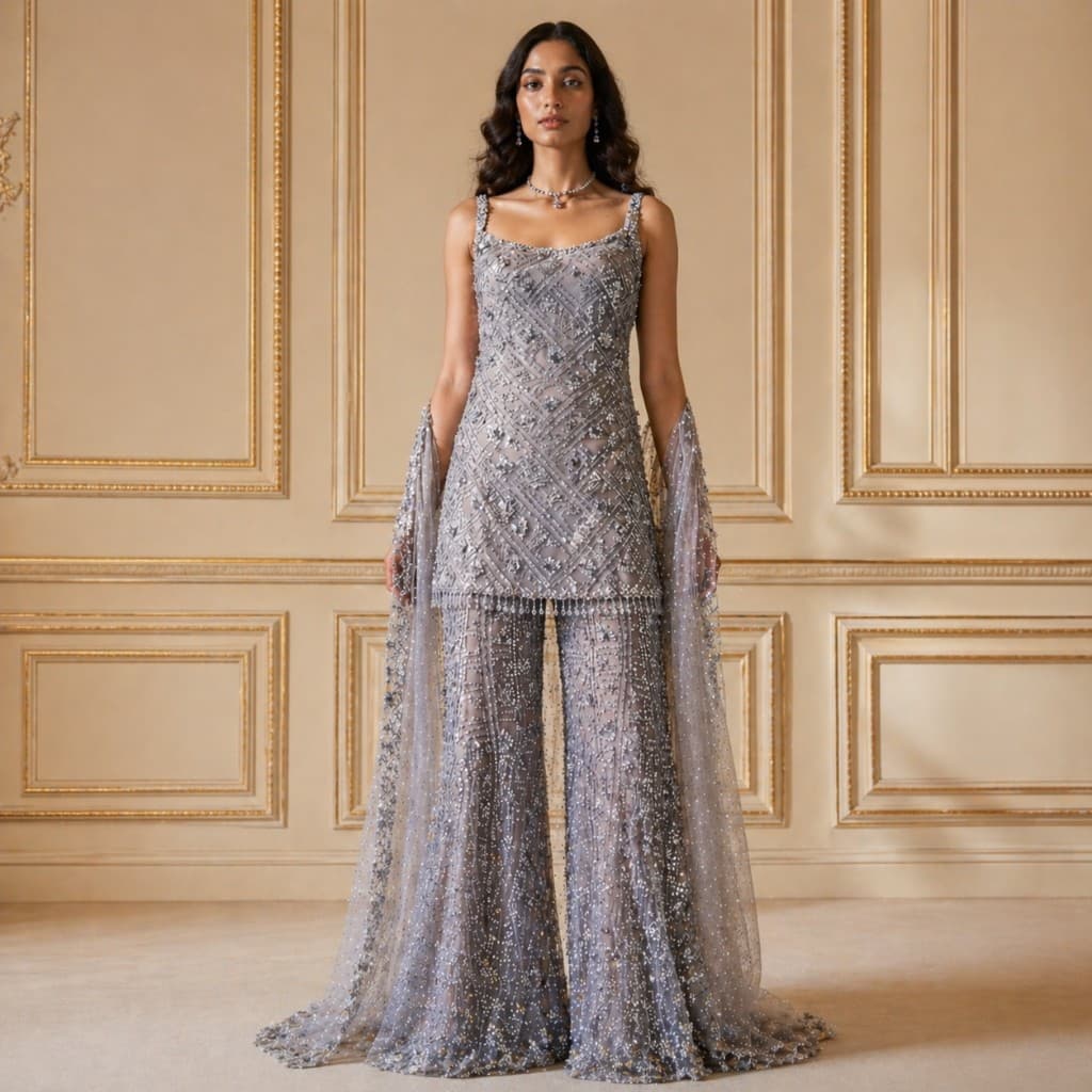 Grey Crystal Embellished Sharara Set with Sheer Cape