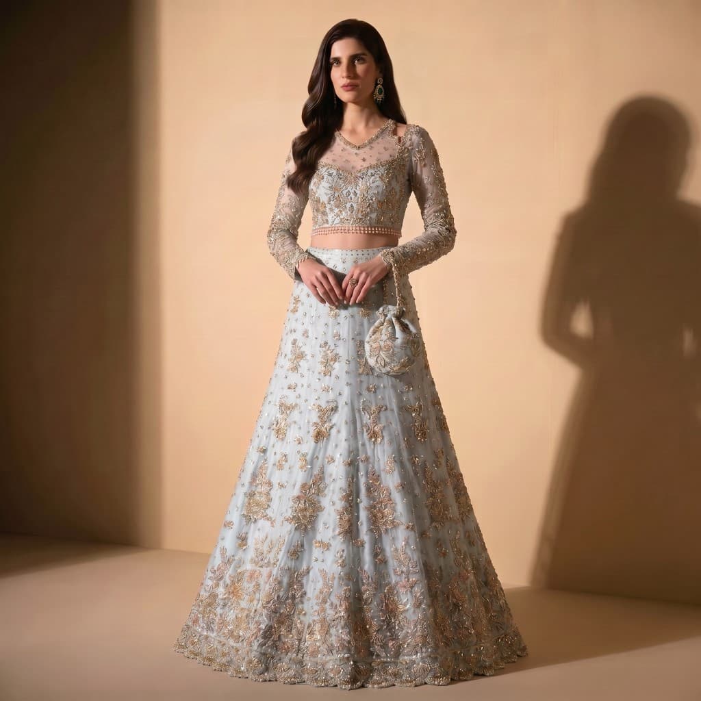 Ice Blue Gold Embroidered Lehenga