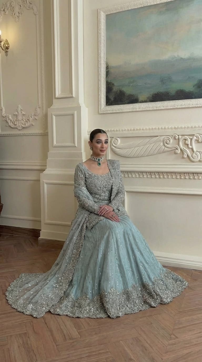 Powder Blue Silver Couture Lehenga