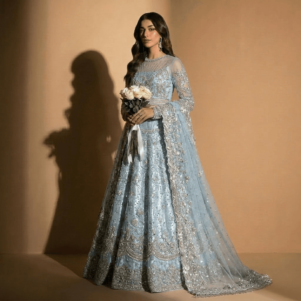 Ice Blue Silver Embellished Bridal Lehenga, image 1 of 3