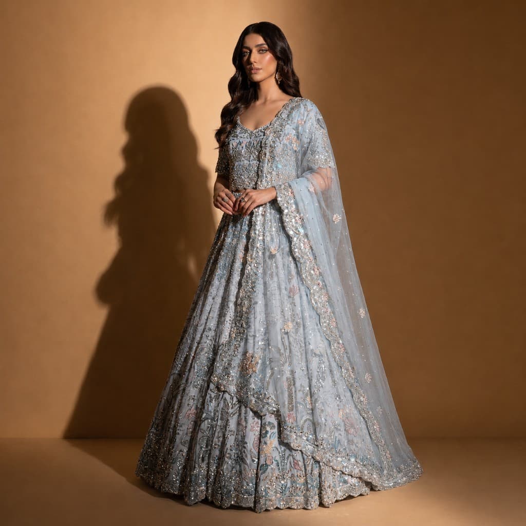 Icy Blue Floral Embellished Bridal Lehenga, image 1 of 3
