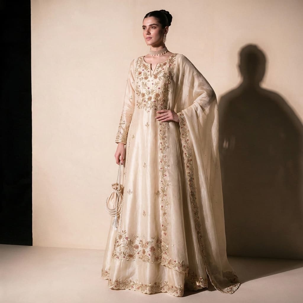 Ivory Gold Floral Embroidered Anarkali
