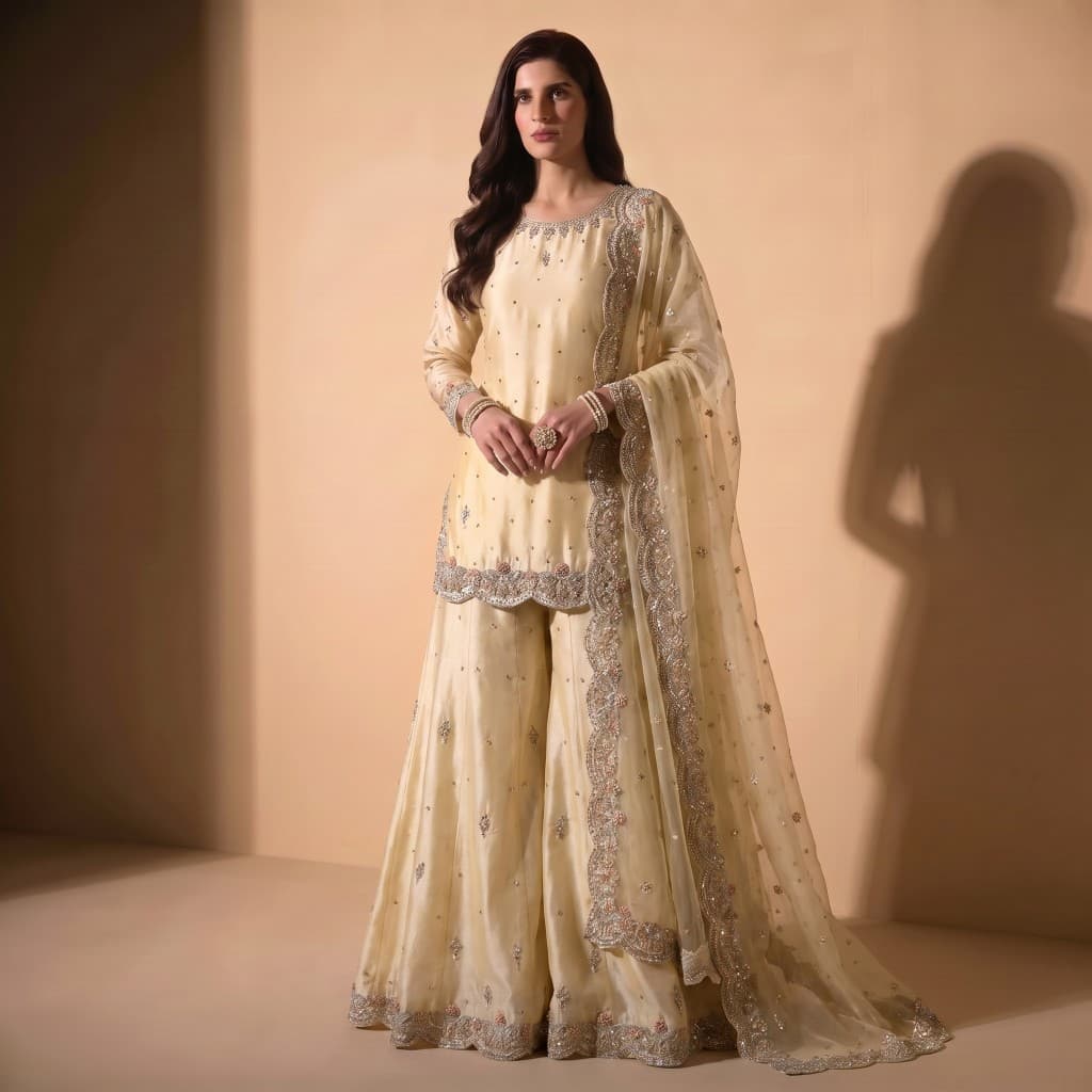 Ivory Gold Scalloped Sharara Set