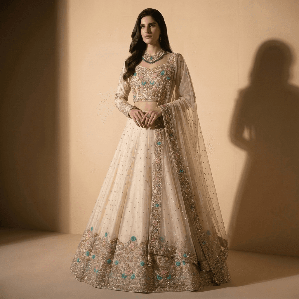 Ivory Pink & Teal Embroidered Bridal Lehenga, image 1 of 3