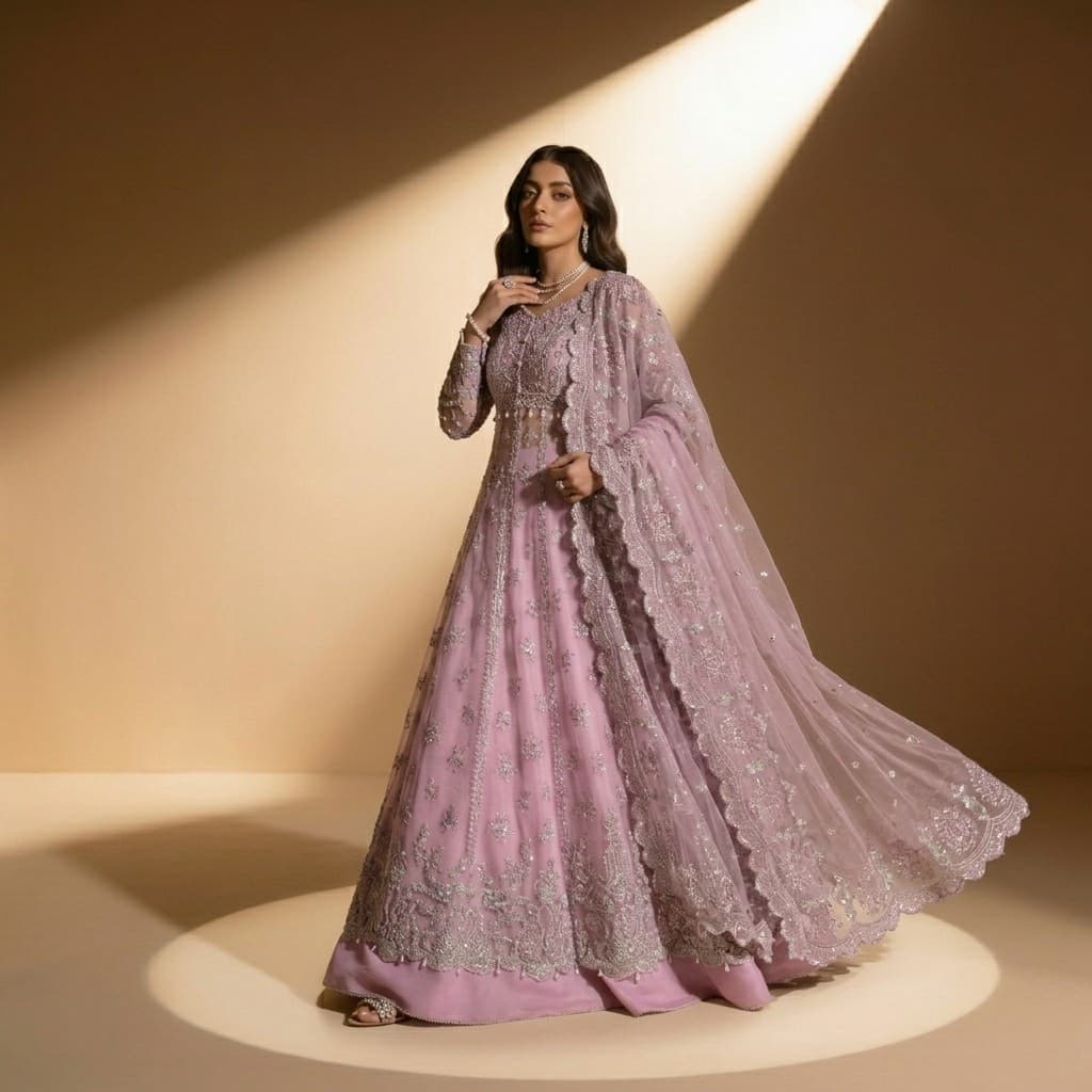 Lavender Lilac Silver Embellished Bridal Lehenga, image 1 of 4
