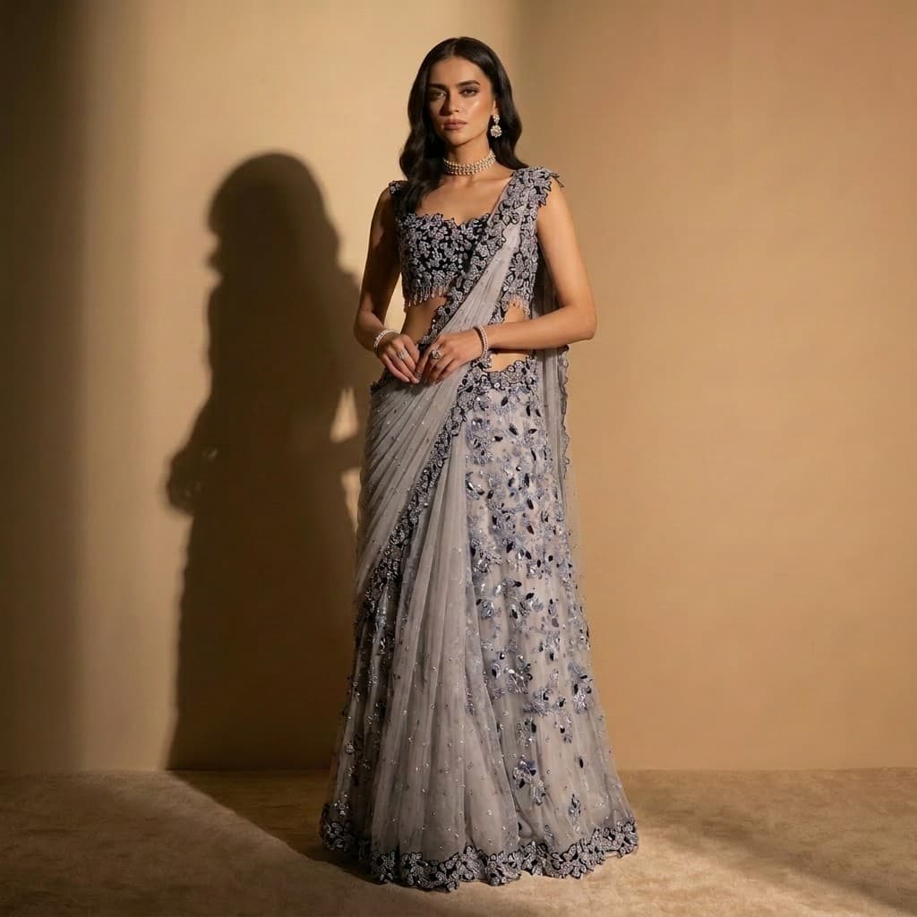 Lavender Navy Floral Embellished Lehenga, image 1 of 3