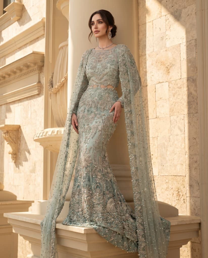Mint Pearl Mermaid Couture Gown