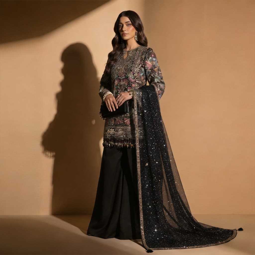 Midnight Black Embroidered Sharara Set, image 1 of 4