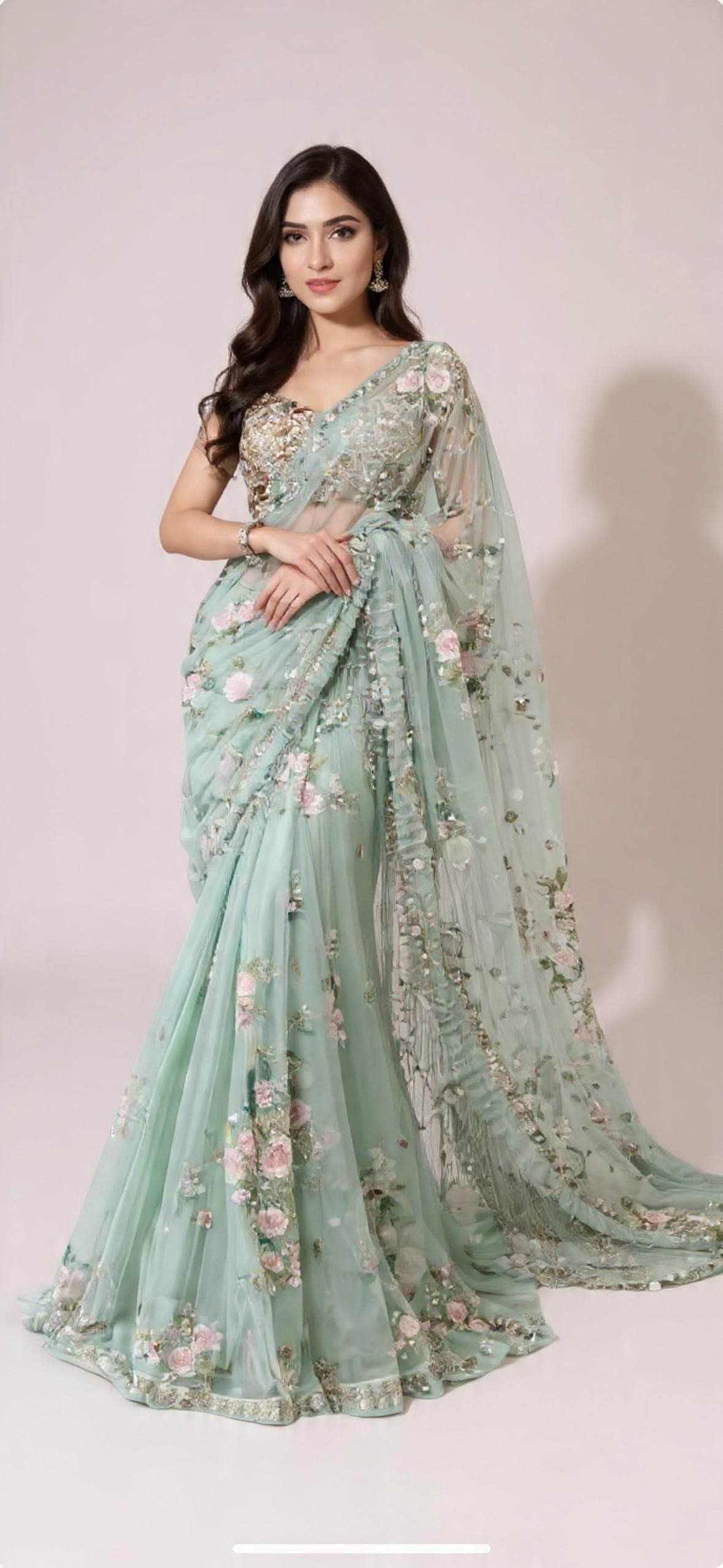 Mint Green Floral Embroidered Saree