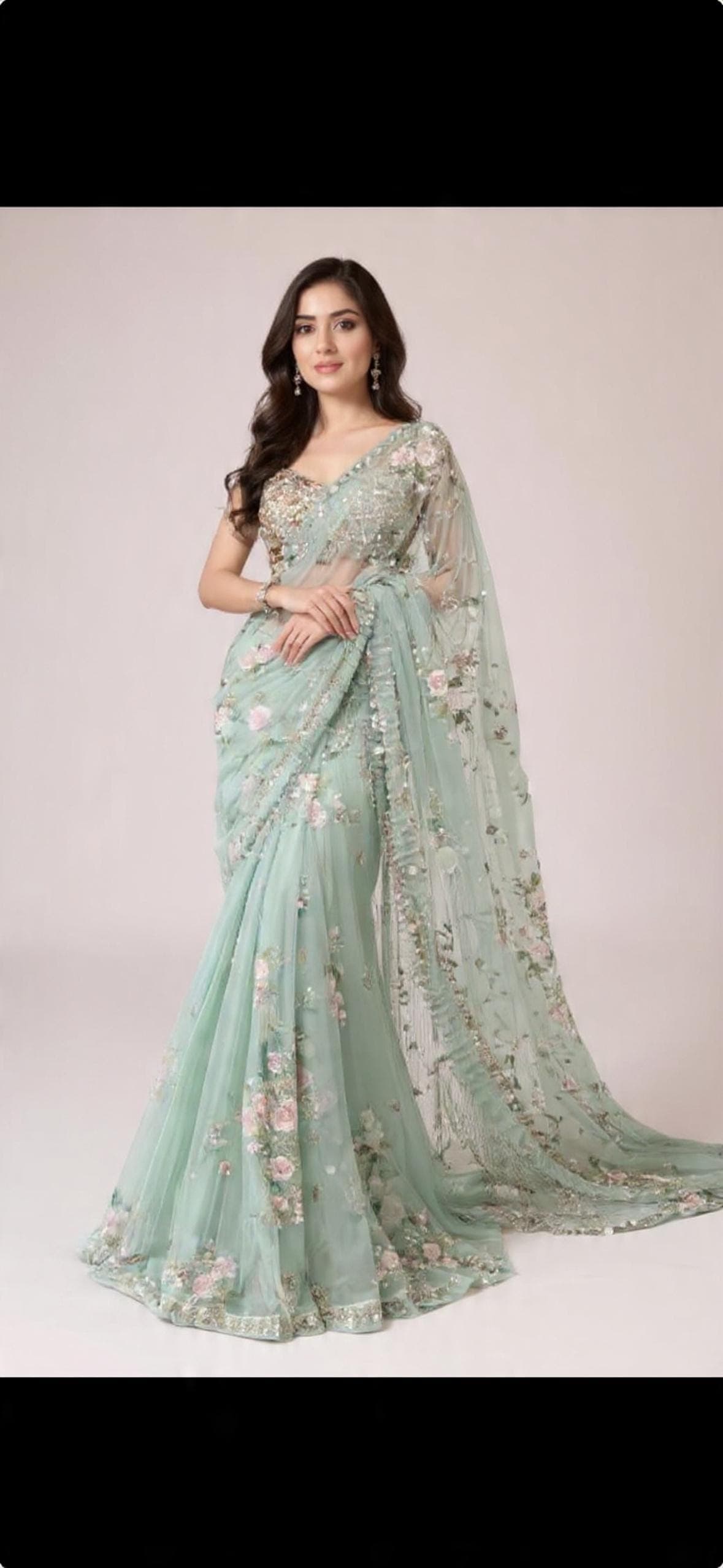 Mint Green Floral Embroidered Saree