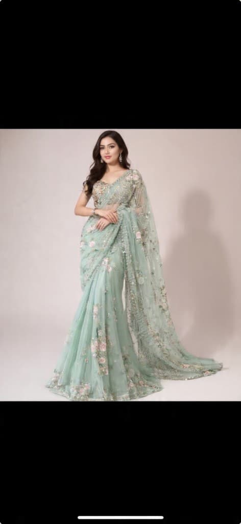 Mint green embellished saree
