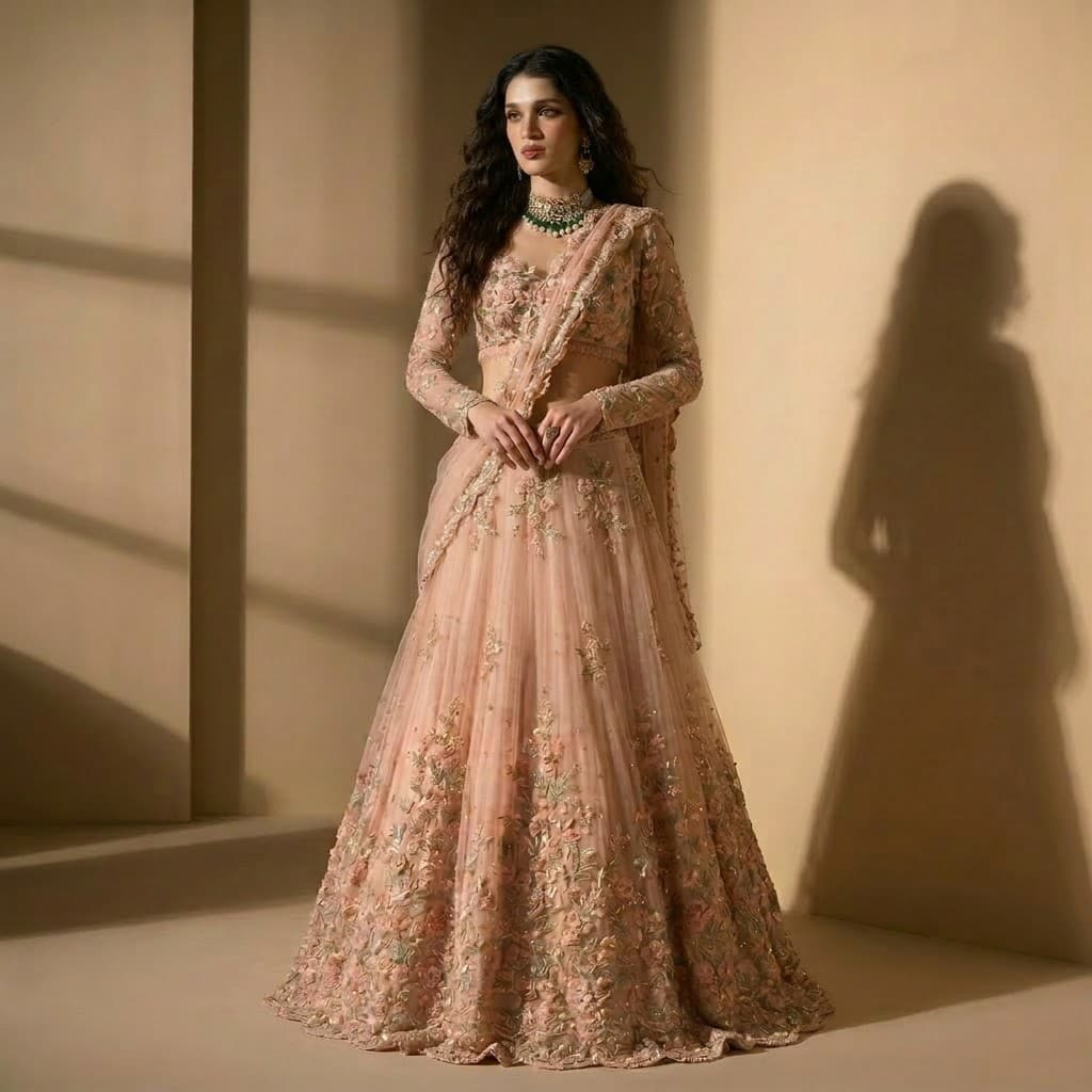 Peach Floral Embroidered Bridal Lehenga, image 1 of 3