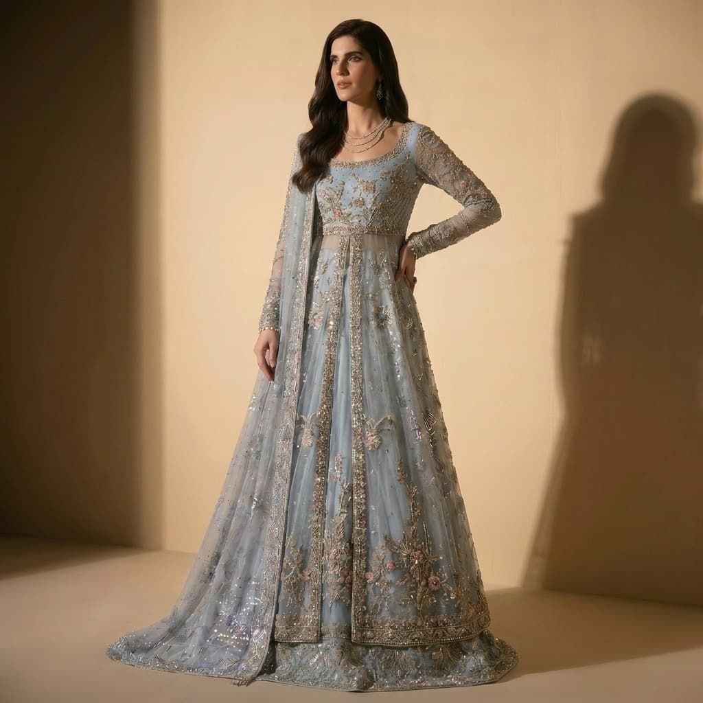 Powder Blue Floral Embroidered Anarkali, image 1 of 4