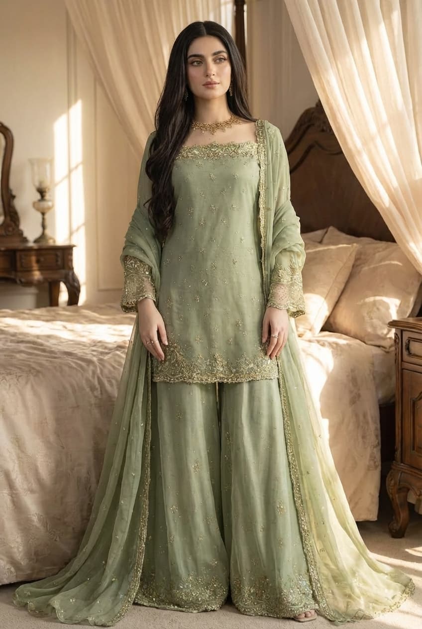 Sage Green Gold Sharara Set