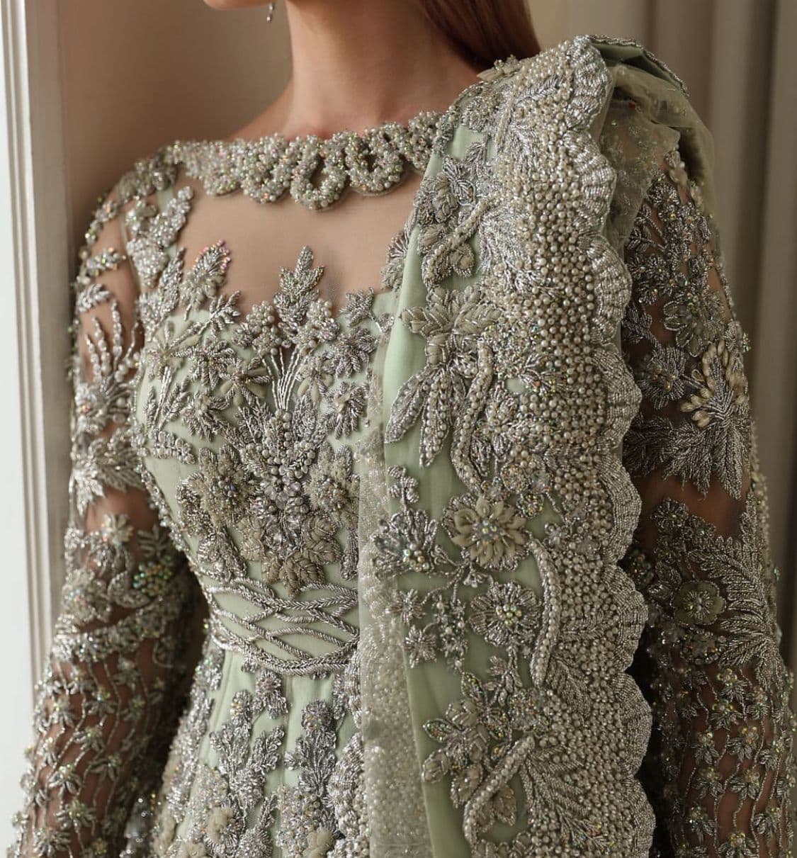 Sage Green Pearl Embellished Anarkali