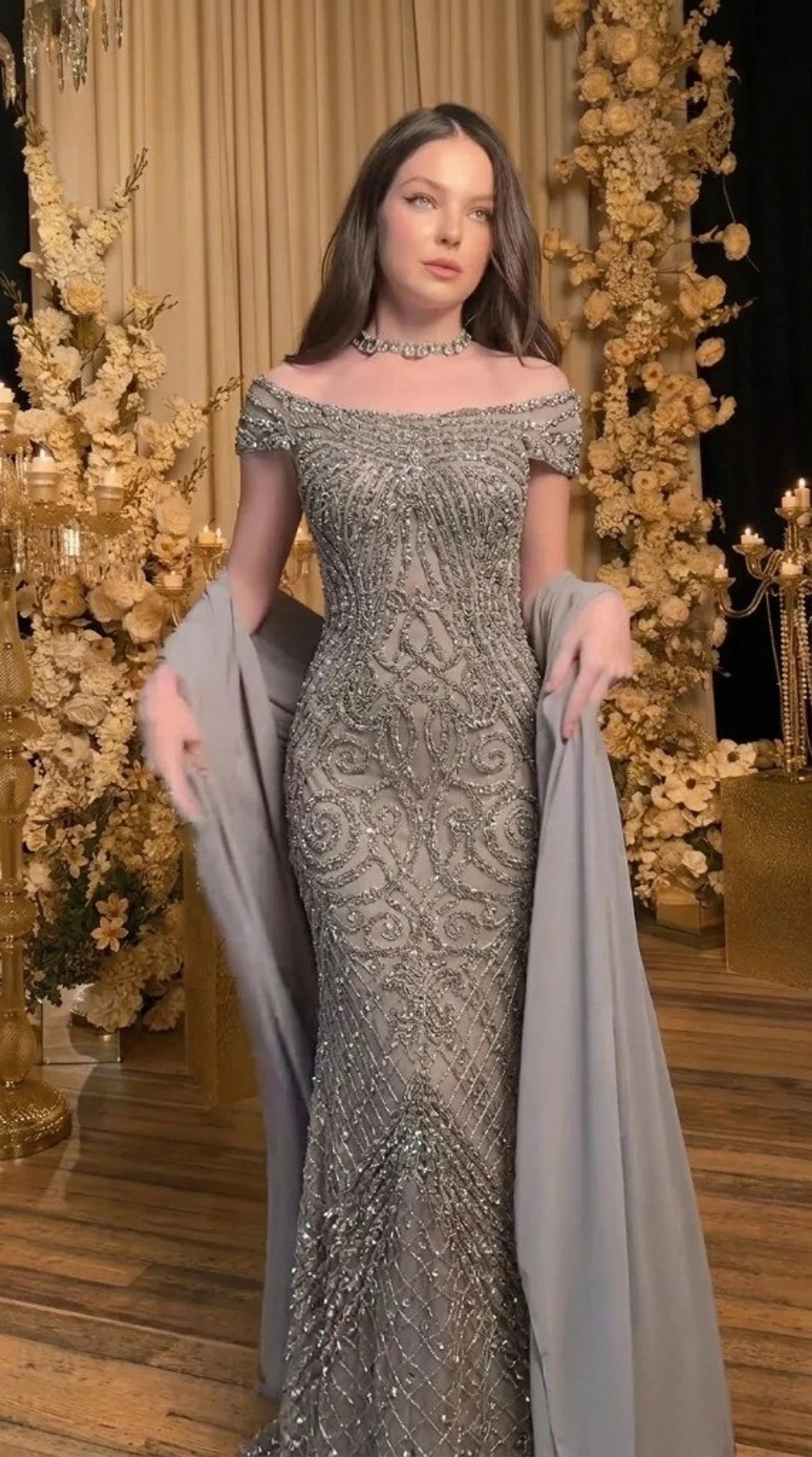 Silver Crystal Off-Shoulder Gown