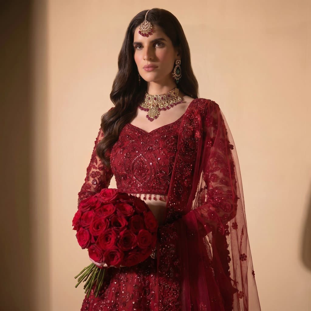 Ruby Red Embellished Bridal Lehenga, image 1 of 3