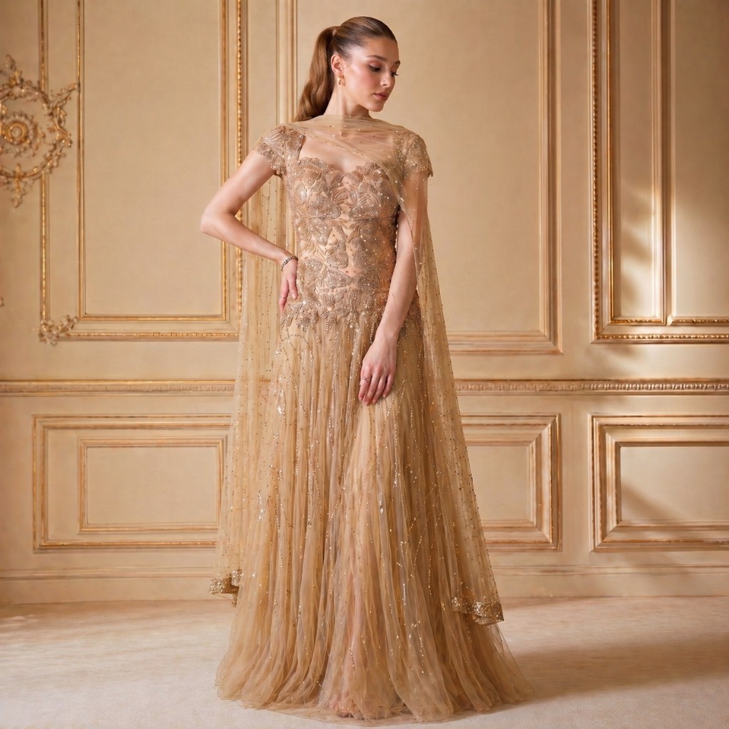Champagne Cape Embellished Gown