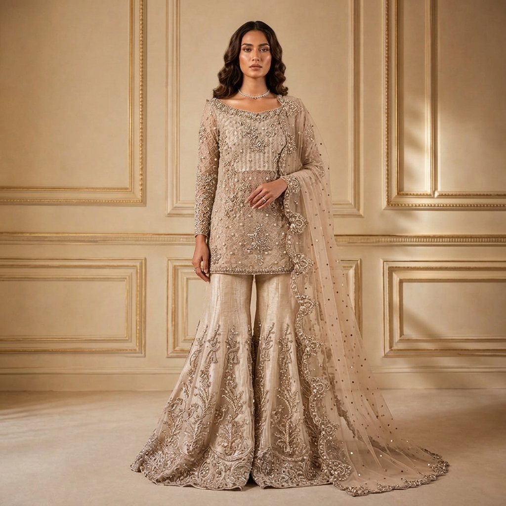 Champagne Embellished Sharara Set