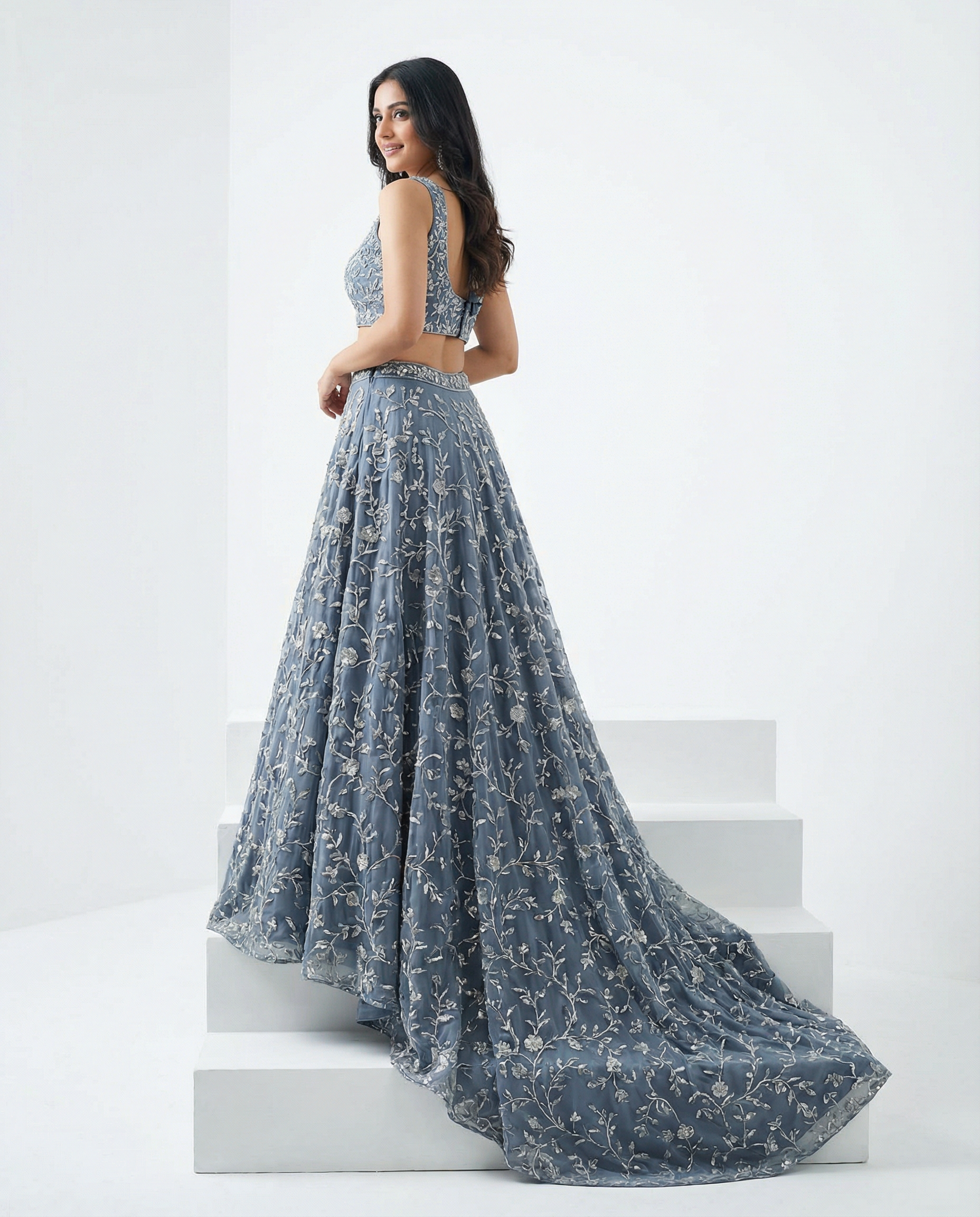 Dusky Blue Silver Train Lehenga