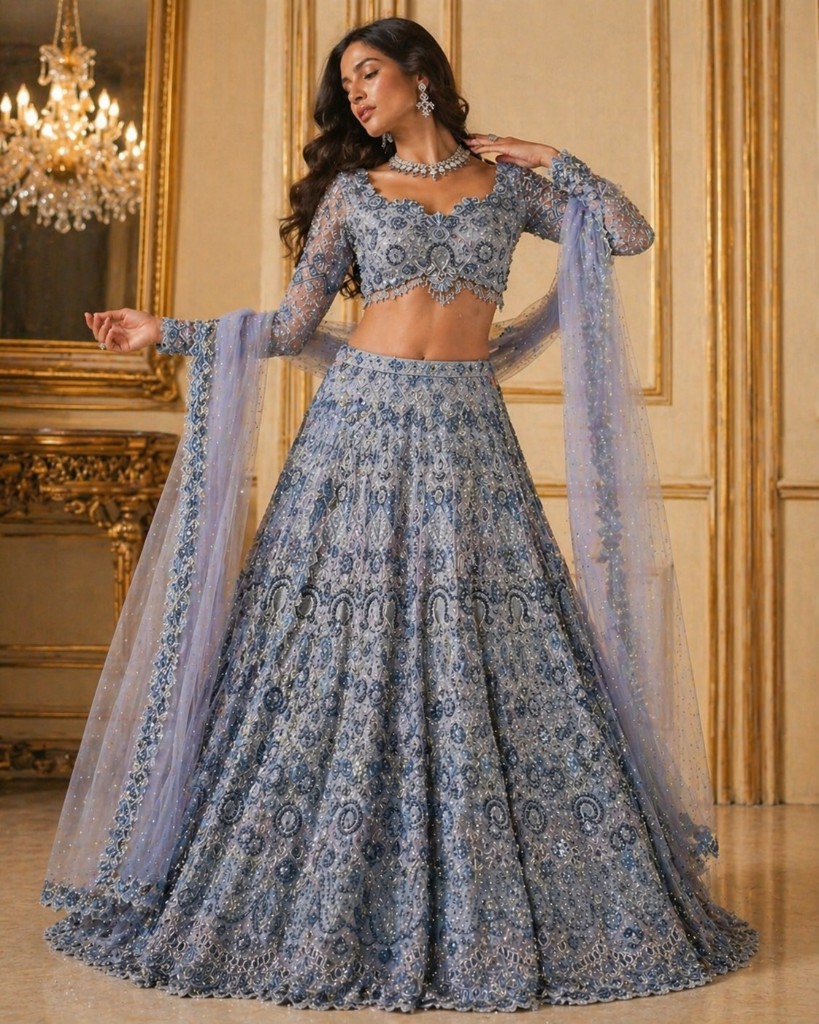 Dusty Blue Embellished Bridal Lehenga Choli Set