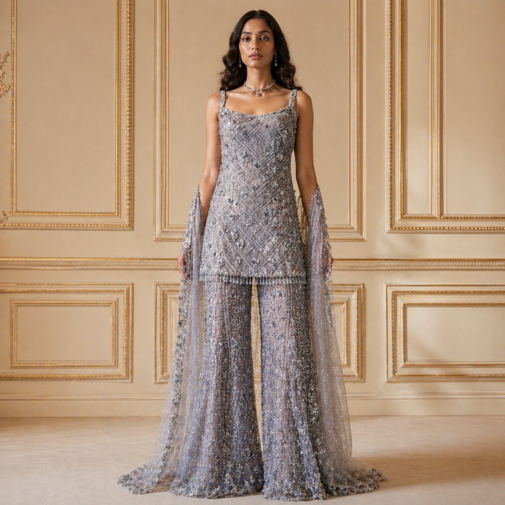 Grey Crystal Embellished Sharara Set with Sheer Cape