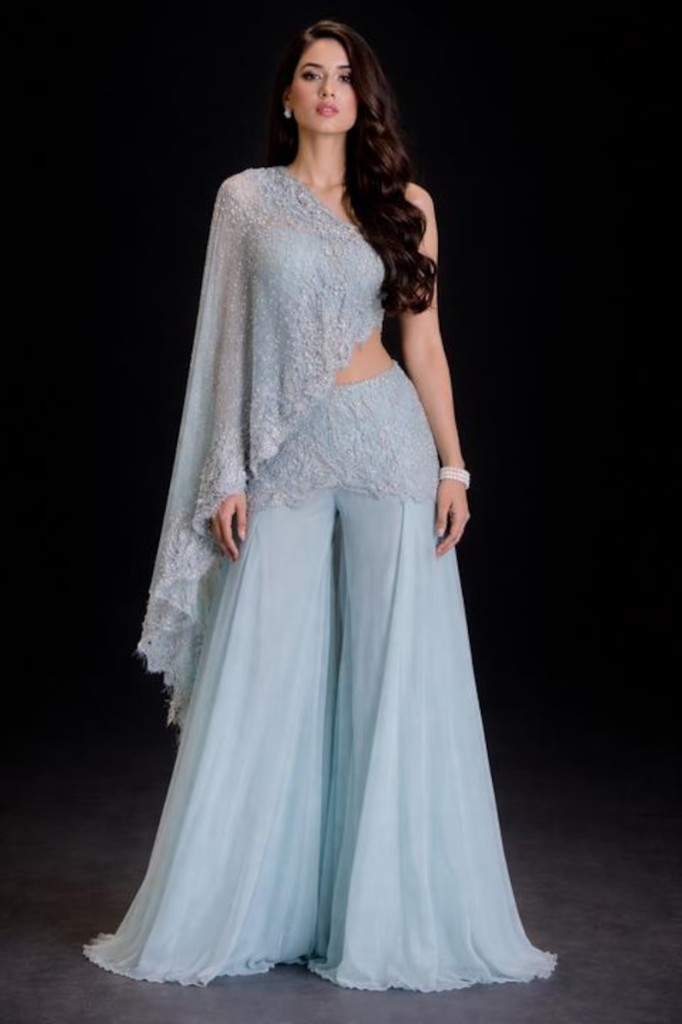 Ice Blue One-Shoulder Palazzo Set