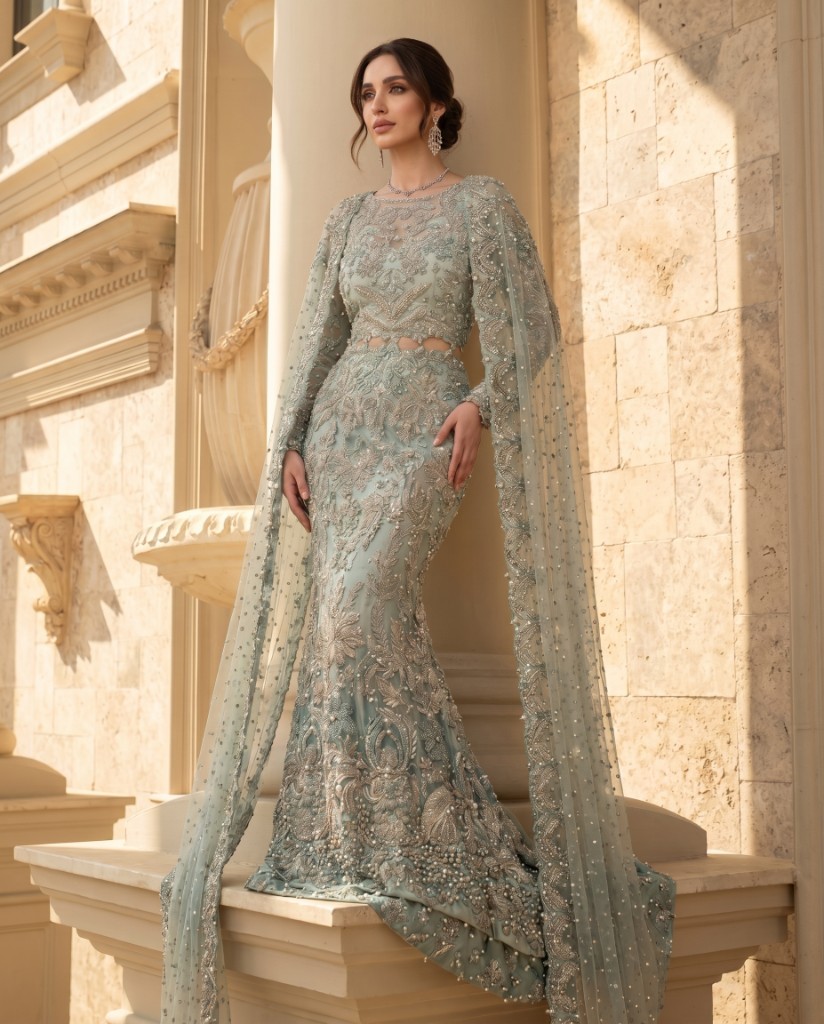 Mint Pearl Mermaid Couture Gown