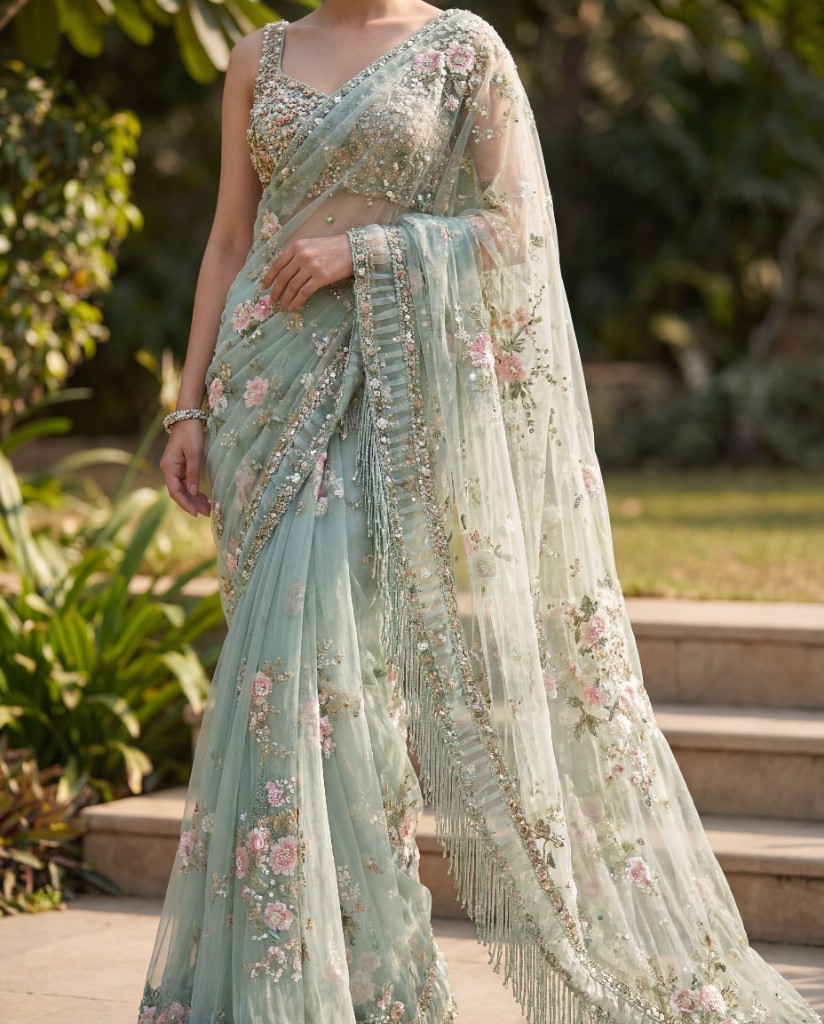 Mint Green Floral Embellished Net Saree
