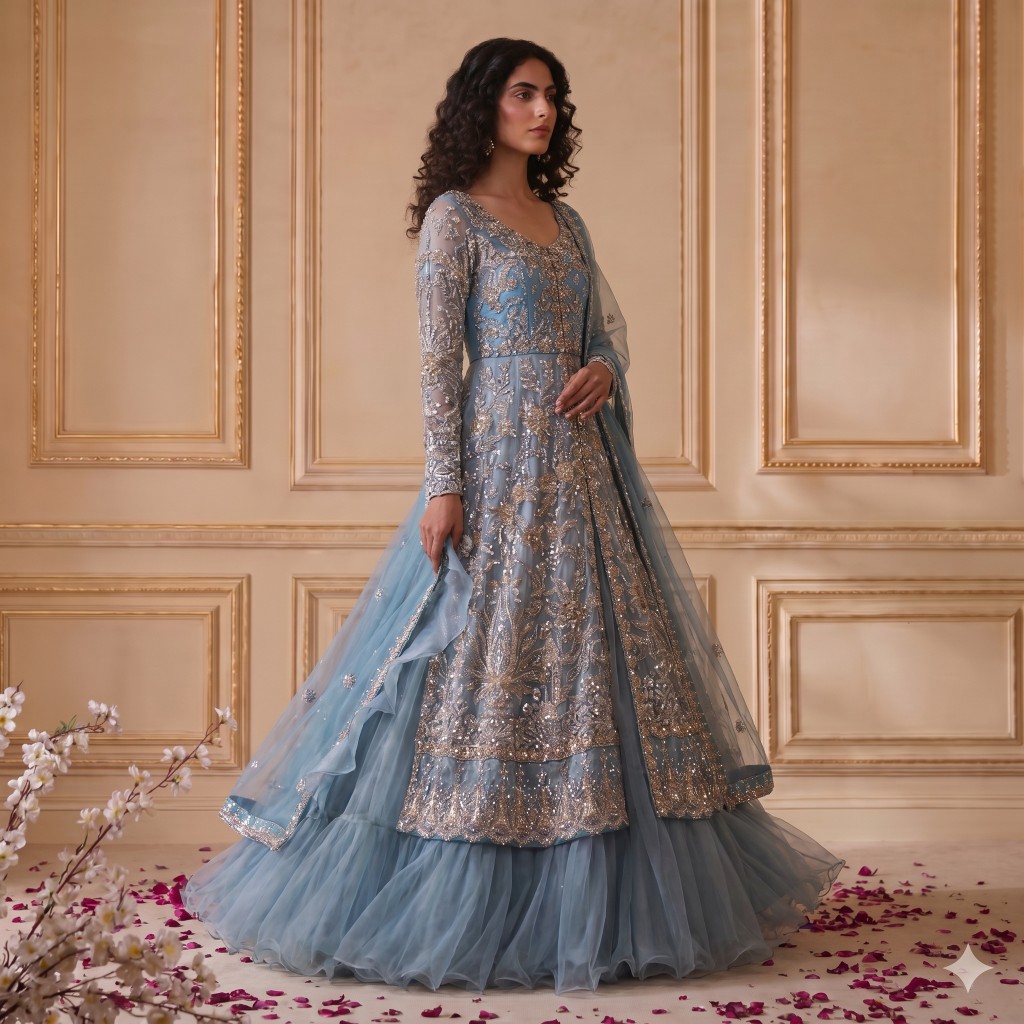 Powder Blue Silver Embellished Anarkali Lehenga