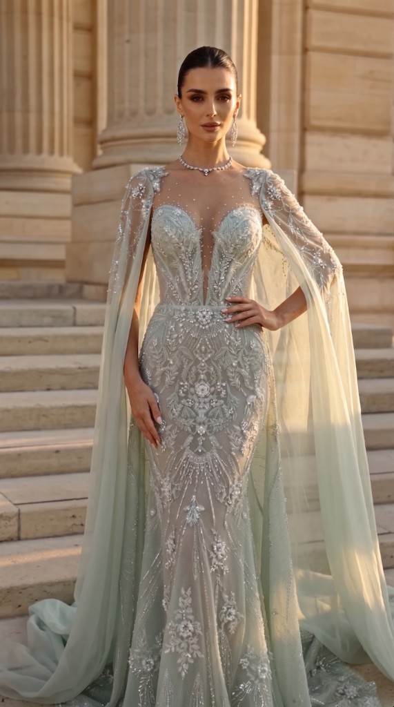 Sage Cape Embellished Couture Gown