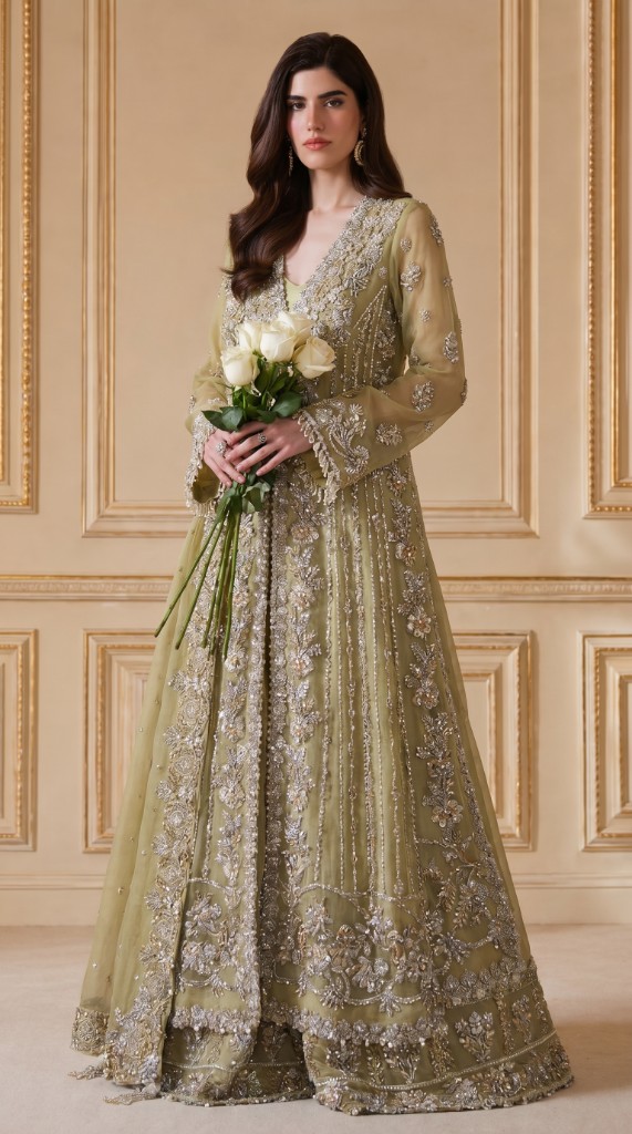 Sage Green Embellished Bridal Anarkali Lehenga Set