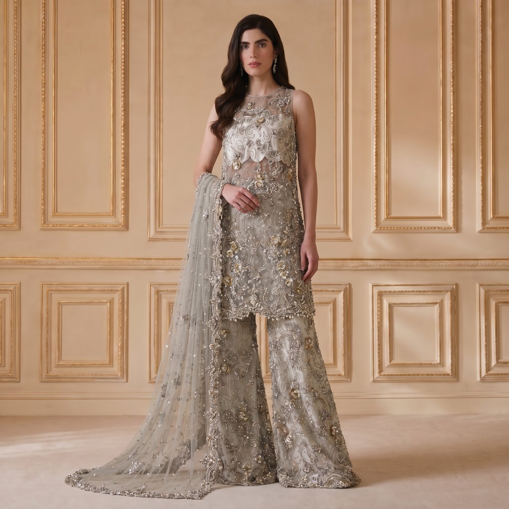 Silver Grey Embellished Sharara Set