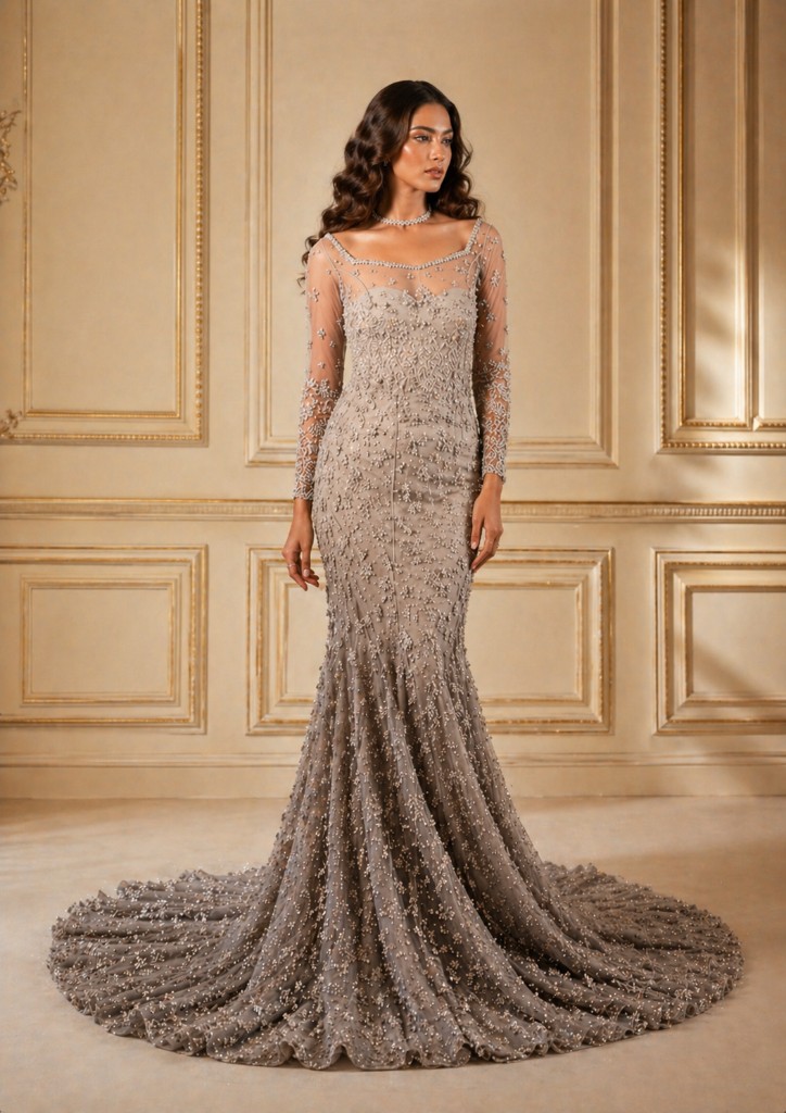 Taupe Crystal Mermaid Gown